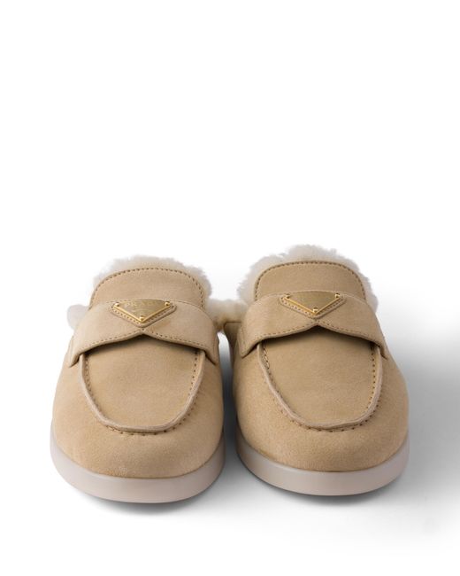 Prada White Suede And Shearling Mules