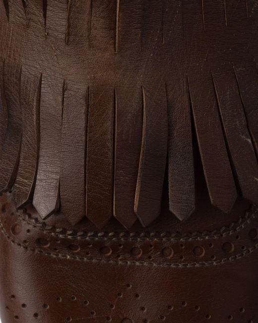 Prada Brown Shuffle Antiqued Leather Mules With Buckled Strap And Fringe for men