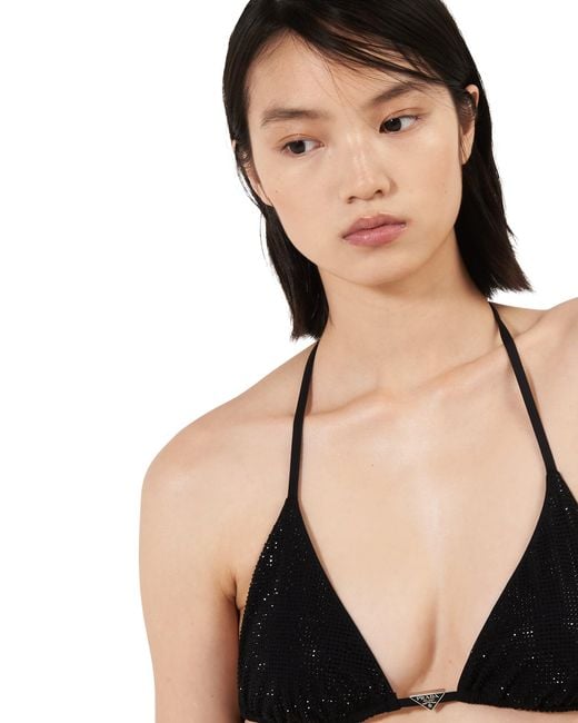 Prada White Jersey Triangle Bikini Top With Rhinestones