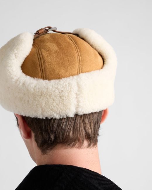 Prada Natural Suede Shearling Trapper Hat for men