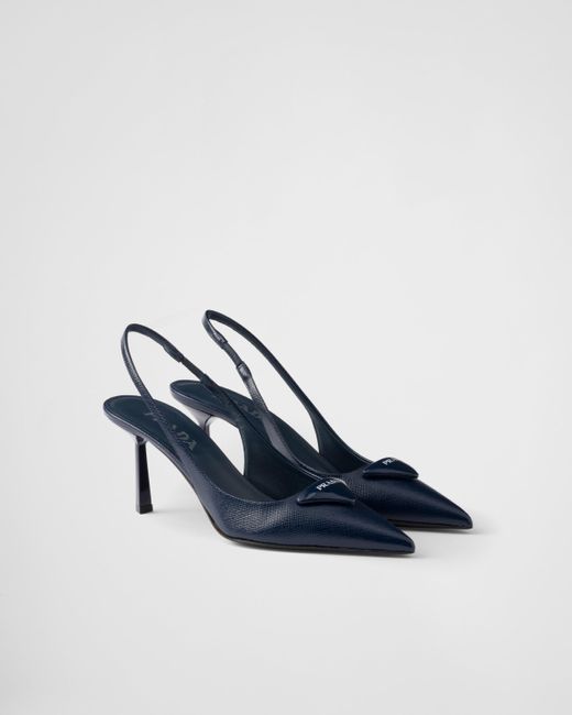 Prada Blue Saffiano Patent Leather Slingback Pumps