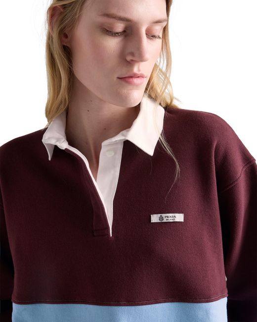 Prada Red Long-Sleeved Cotton Fleece Polo Shirt, Bordeaux/Light/Desert