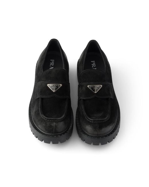 Prada Black Aged Suede Loafers, Size 5 for men