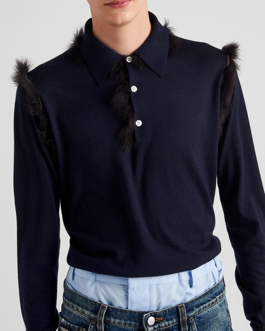 Prada Blue Cashmere Knit Polo Sweater With Shearling Details for men