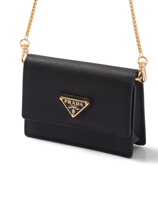 Prada Black Saffiano Leather Card Holder With Shoulder Strap