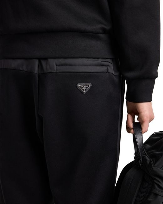 Prada Black Cotton Fleece Pants With Re-Nylon Details for men