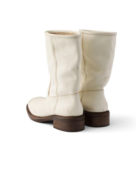 Prada White Vintage-Effect Leather Boots