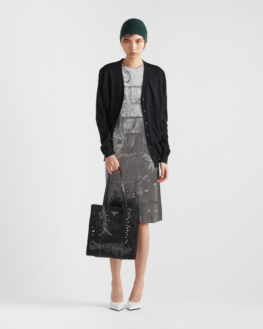 Prada Black Medium Re-Nylon Patchwork Tote Bag With Embroidery