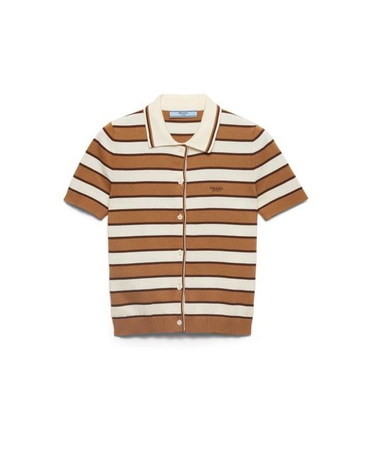 Prada White Short-Sleeved Striped Cotton Cardigan