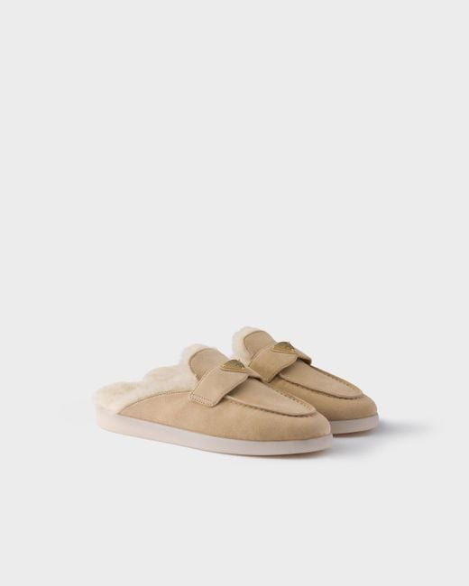 Prada White Suede And Shearling Mules