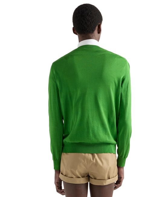 Prada Green Cotton V-Neck Sweater for men