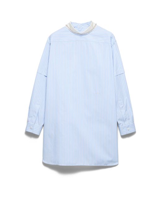 Prada Blue Embroidered Striped Poplin Top
