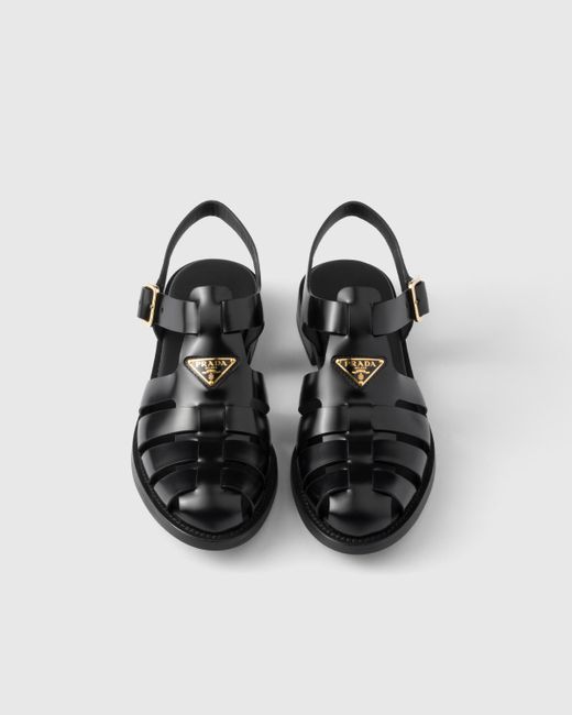 Prada Black Brushed Leather Fisherman Sandals