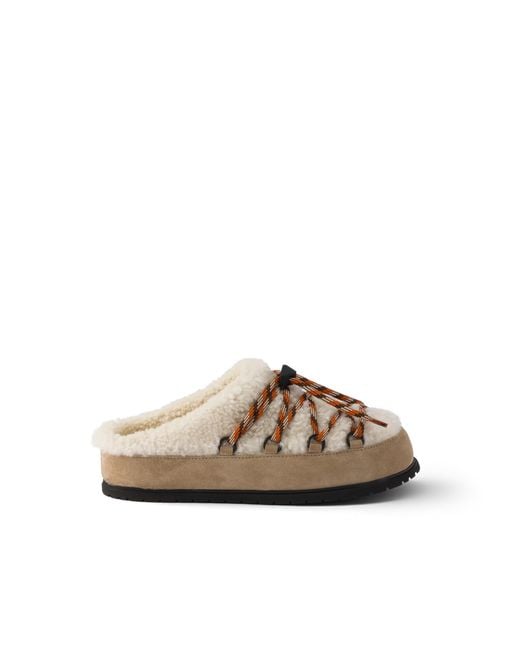 Prada Brown Suede And Shearling Mules