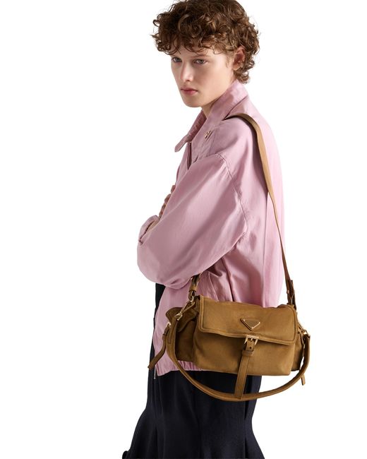 Prada Brown Explore Medium Suede Shoulder Bag With Flap