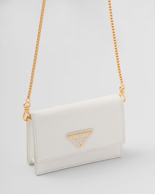 Prada White Saffiano Leather Card Holder With Shoulder Strap