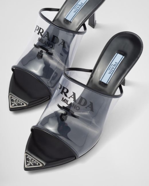 Prada Logo-print Plexiglas High-heel Slides in Blue | Lyst