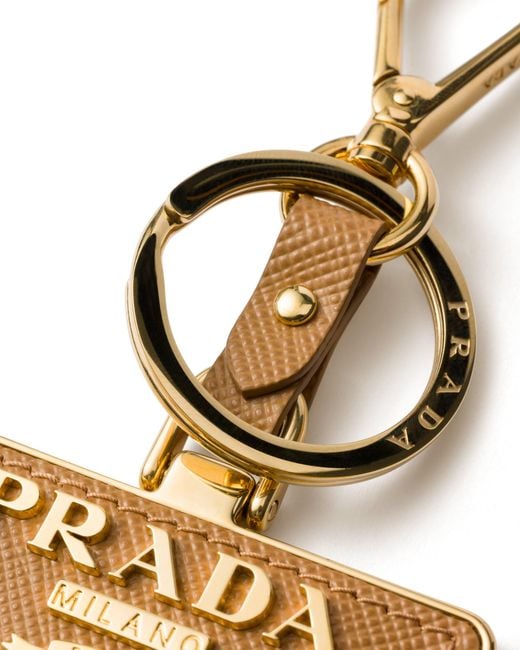 Prada White Saffiano Leather And Metal Keychain