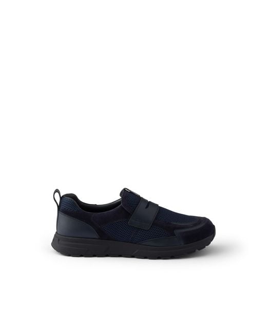 Prada Blue Prax Mesh Fabric And Leather Loafers, Size 5 for men