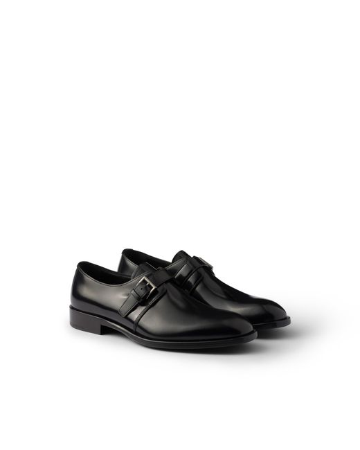 Prada Black Brushed Leather Derby Shoes With Buckle for men