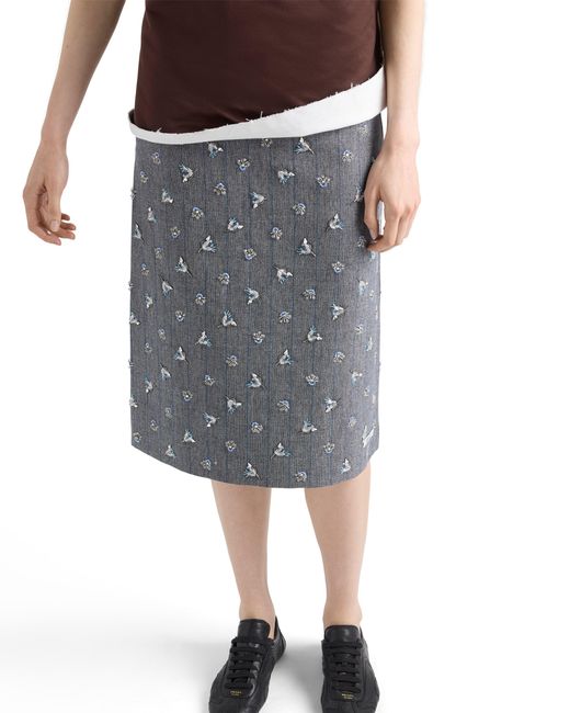 Prada Gray Embellished Pinstripe Wool Midi-Skirt