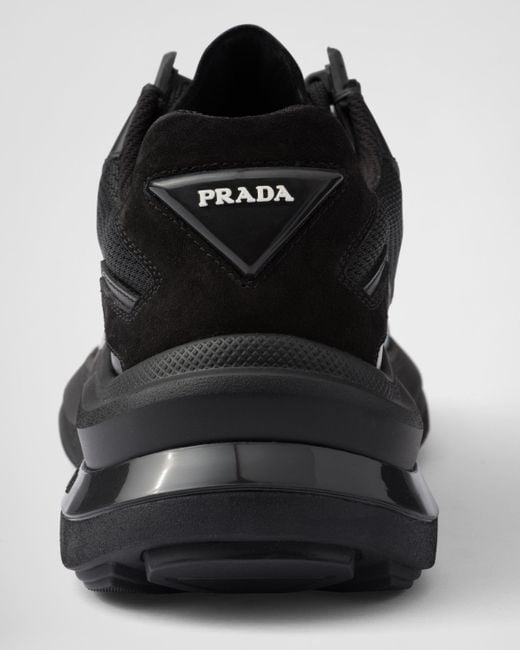 Prada Black Sneaker Aus Gebürstetem Leder, Bike-Gewebe Und Wildleder