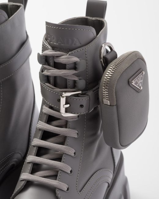 Prada Gray Monolith Leather And Re-Nylon Boots With Pouch