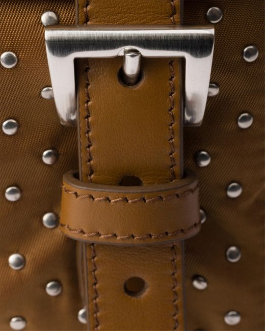 Prada Brown Re-Nylon Shoulder Bag With Studs