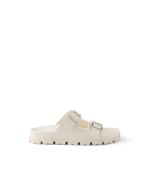 Prada White Rubber Slides, Ivory, Size 35