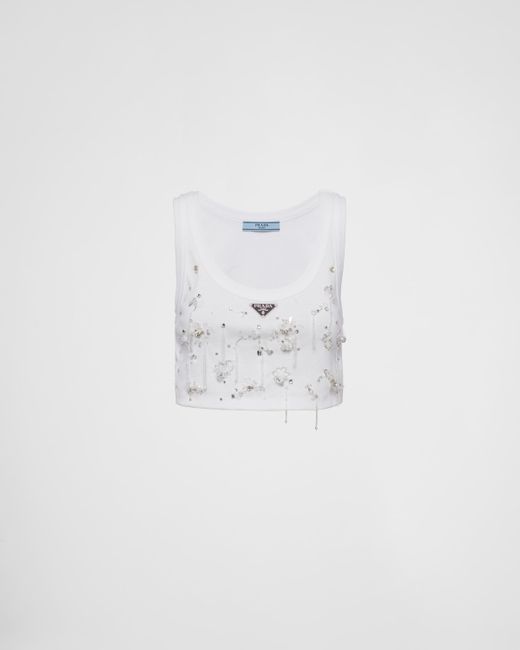 Prada White Embroidered Ribbed Knit Jersey Top