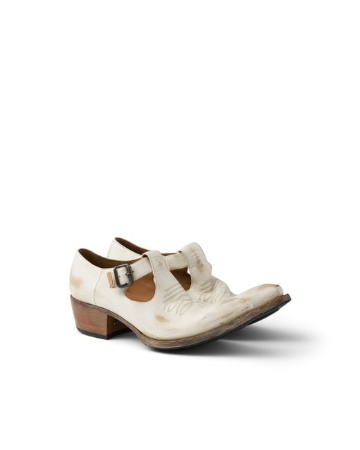 Prada White Antiqued Leather Shoes With Buckle for men