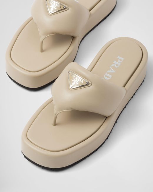 Prada White Soft Padded Nappa Leather Thong Wedge Sandals