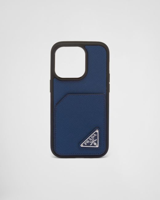 Prada Blue Saffiano Leather Cover For The Iphone 14 Pro for men
