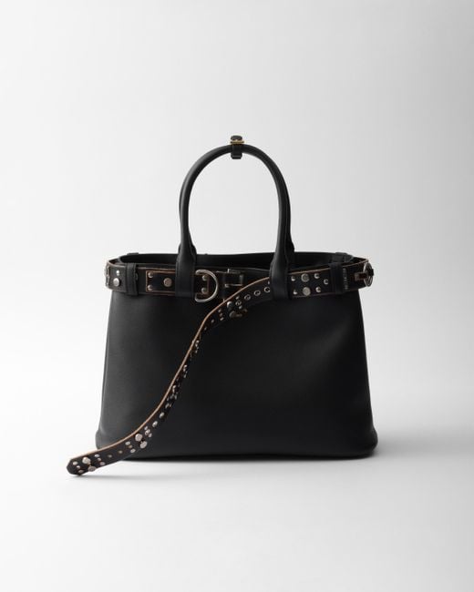 Prada Black Large Buckle Leather Bag With Studded Belt