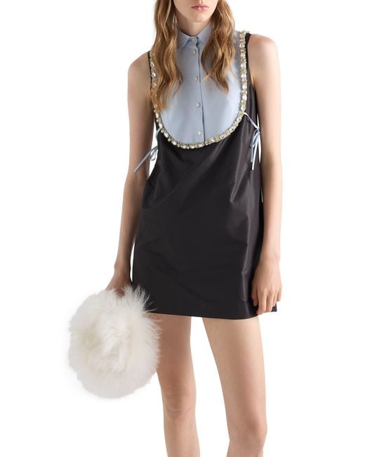 Prada Black Embroidered Taffeta Mini-Dress