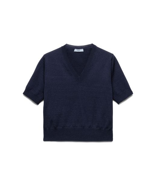 Prada Blue V-Neck Wool Sweater