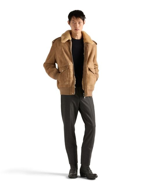 Prada Natural Suede And Shearling Bomber Jacket for men