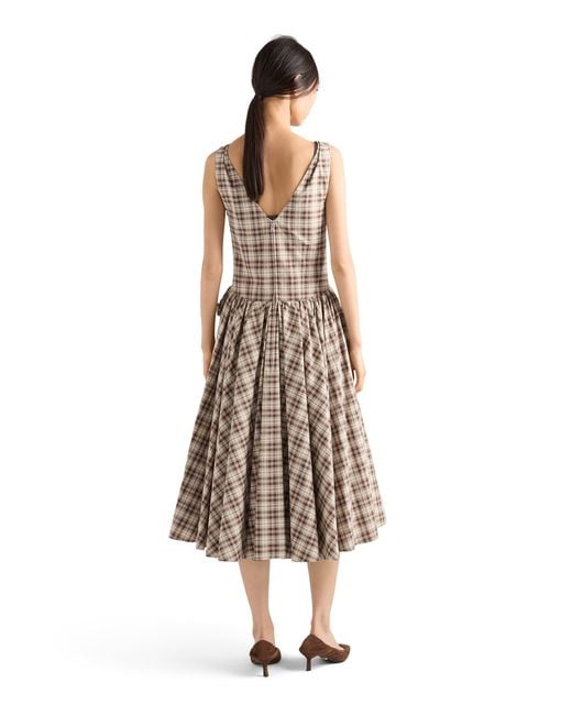 Prada Natural Embroidered Checked Poplin Dress, Ivory/Cocoa