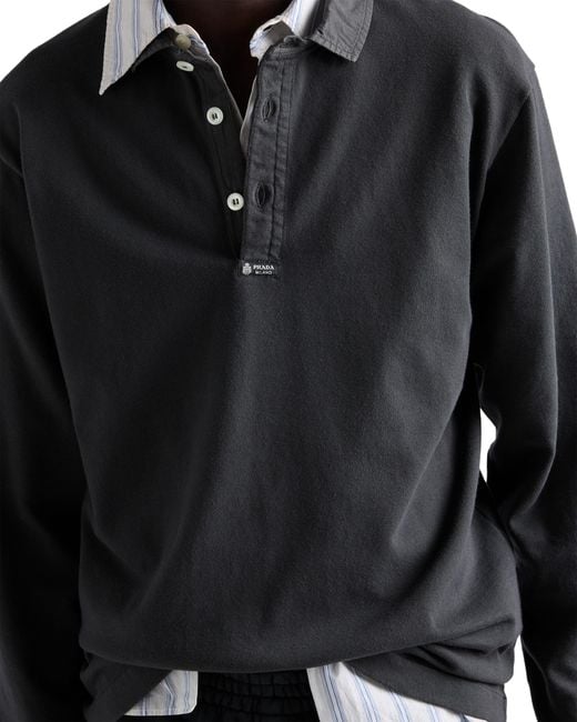 Prada Black Long-Sleeved Cotton Polo Shirt, Carbone for men