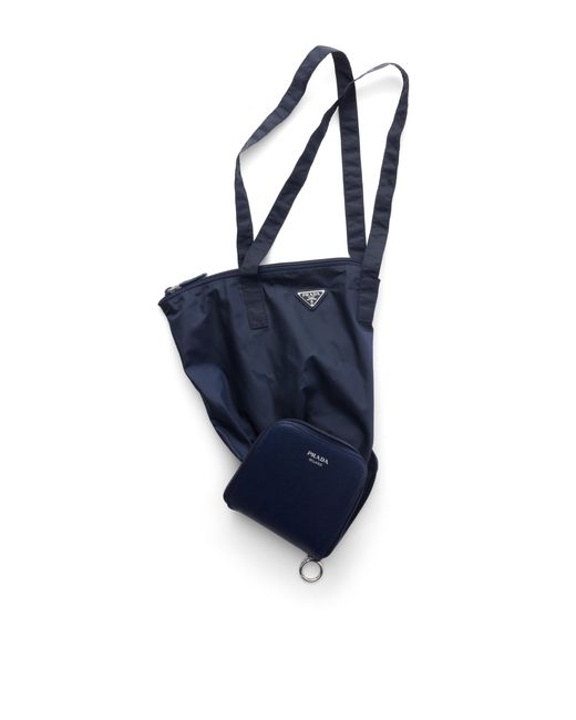 Prada Blue Saffiano Leather Pendant With Re-Nylon Tote Bag