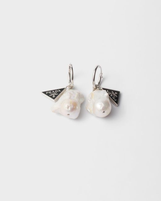 Prada White Metal And Pearl Earrings