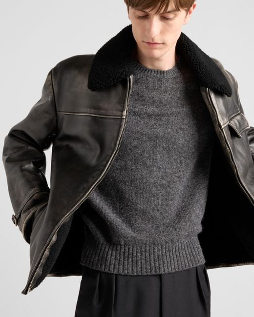 Prada Black Shearling-Trimmed Leather Jacket for men