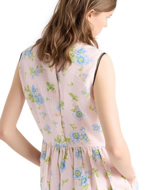 Prada Pink Pleated Floral Print Linen Dress, Alabaster