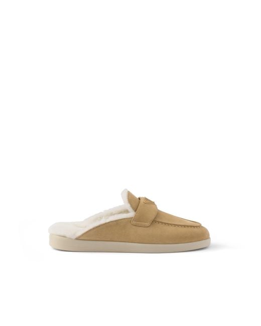 Prada White Suede And Shearling Slippers