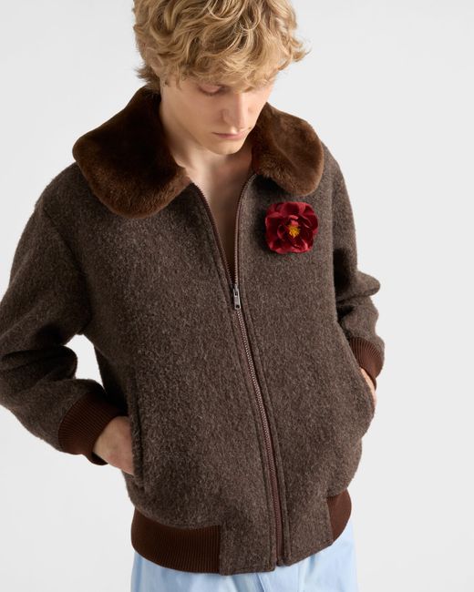 Prada Brown Wool Blouson Jacket With Shearling Collar for men