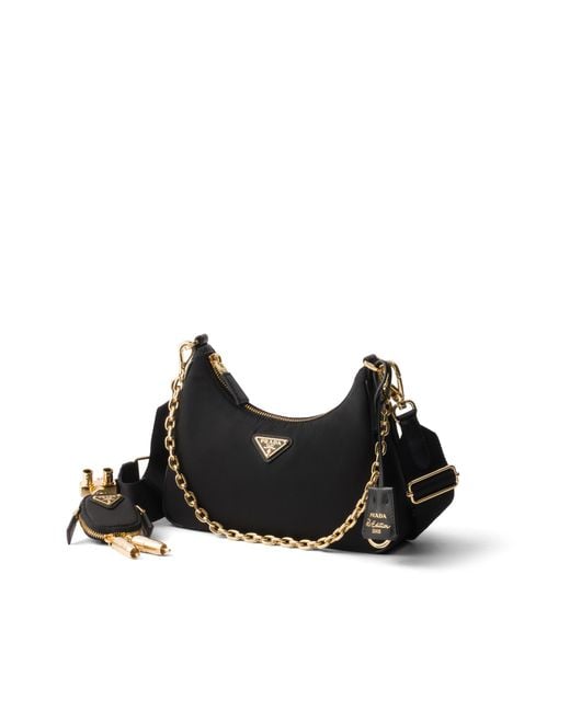 Prada Black Re-Edition 2005 Re-Nylon And Saffiano Leather Bag With Charm