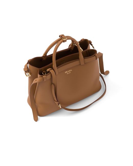 Prada Brown Buckle Medium Leather Handbag With Double Belt