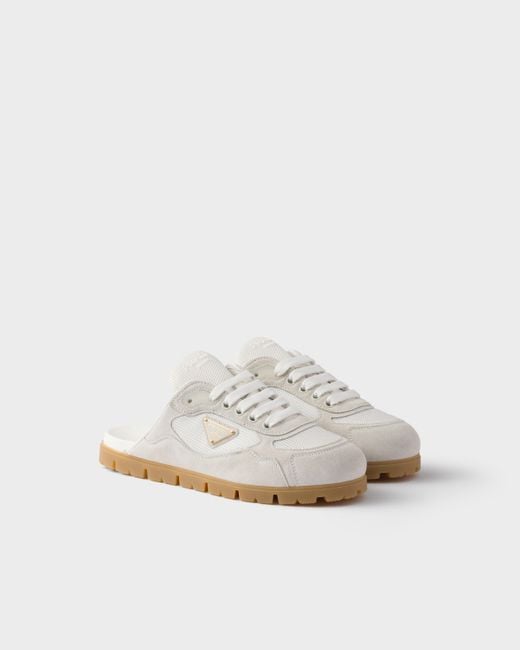 Prada White Trail Mesh Fabric And Suede Mules