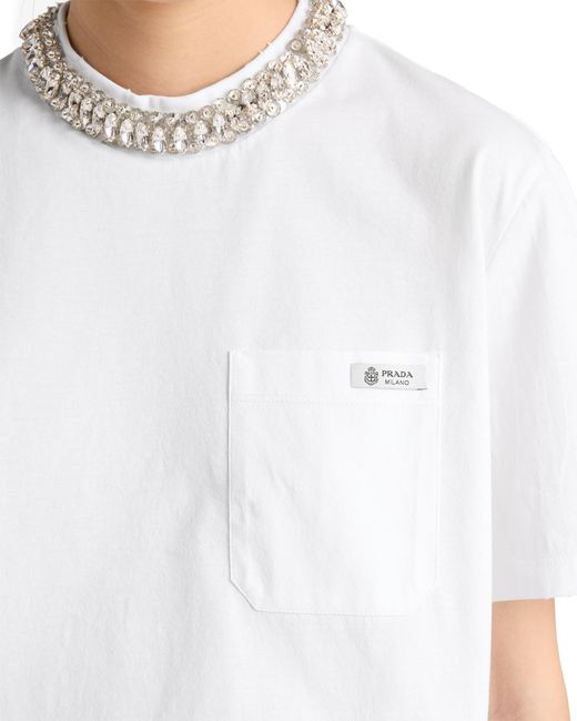 Prada White Embroidered Jersey T-Shirt