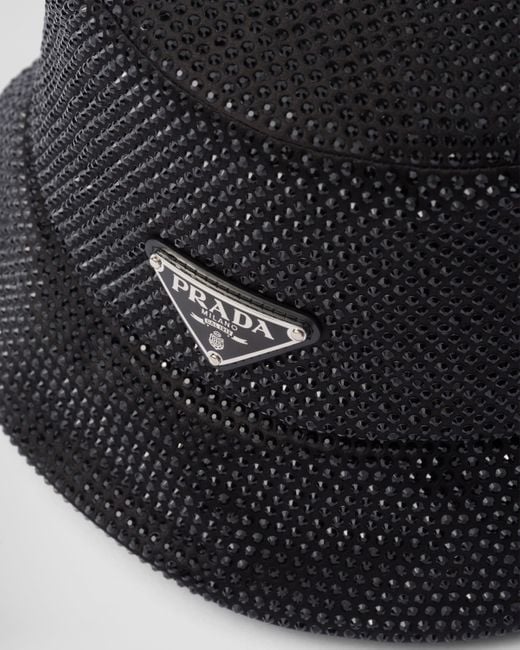 Prada Black Satin Bucket Hat With Crystals